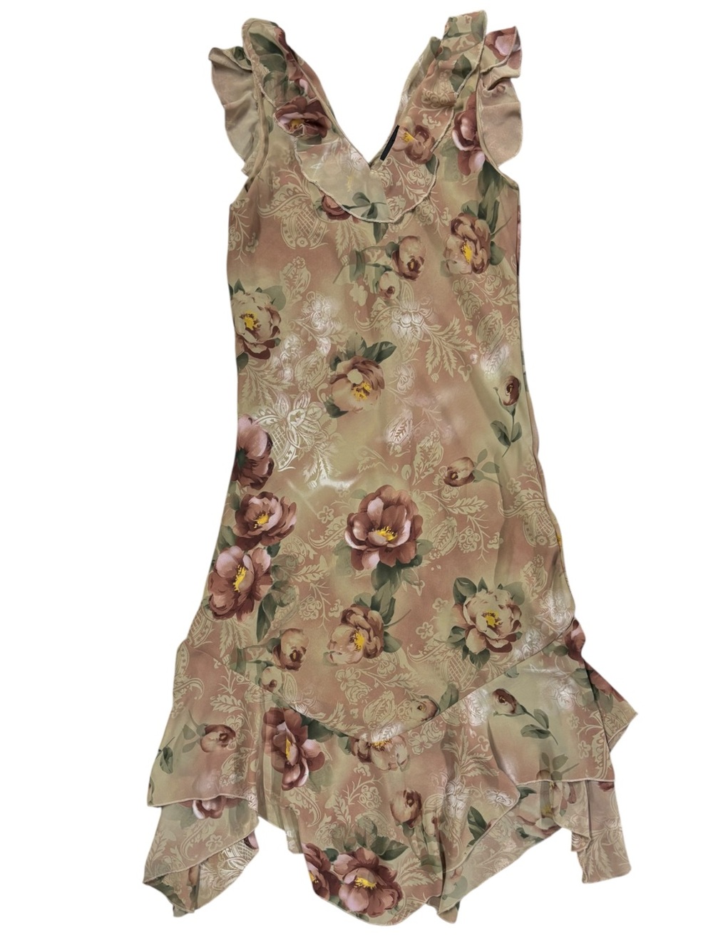 Mint Julep | Vintage Y2K Brown Floral Ruffle Handkerchief Hem Midi Dress